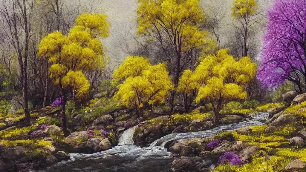 Image similar to A beautiful landscape oil painting of a hill with trees, some people are getting a shower in the river and some others are under the trees, the spring has arrived and the trees are blooming and covered with yellow, pink, purple and red flowers, the river come from the waterfall and is zigzagging and flowing its way, the river has lots of dark grey rocks, by Greg Rutkowski