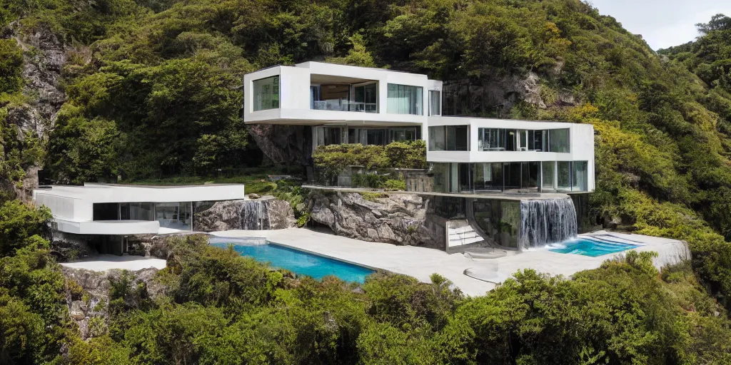 Image similar to a modernist residence on a cliffside with a waterfall