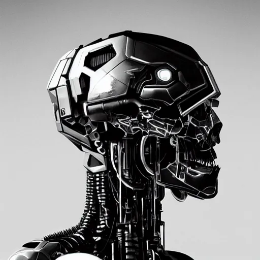 Prompt: black and white cyberpunk style dark bio metal skull, mecha hard-surface, cyberpunk, hyperrealistic, cinematic, unreal engine, 3D, 8K, imagined by Ash Thorp, Tsutomu Nihei, Ghost In The Shell, Akira