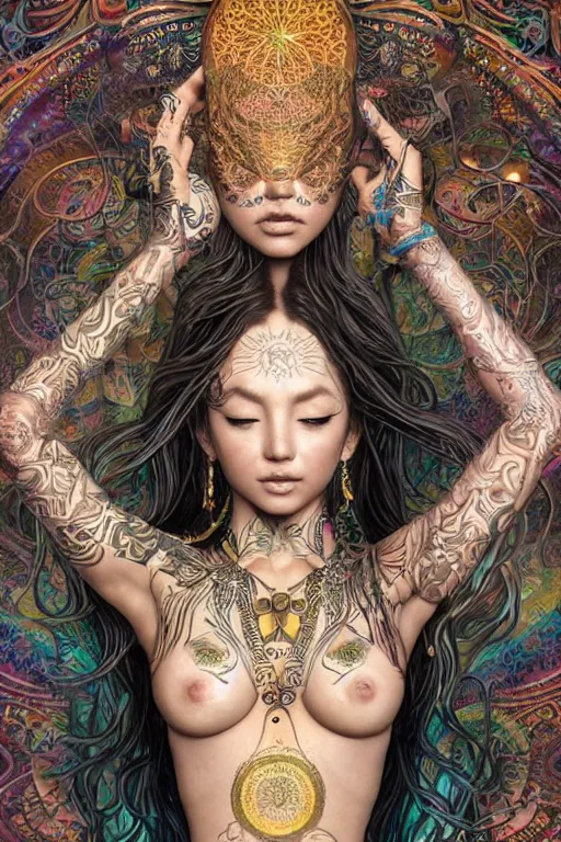 Image similar to a centered full body render of an alluring festival hippy with tribal tattoos wearing intricate metallic clothing surrounded by a underwater ink pour and flowing liquid gallium and sacred geometry, perfect body and face, gorgeous, cinematic, beautifully lit, by miho hirano, by karol bak, by donato giancola, 3 d, trending on artstation, octane render, 8 k