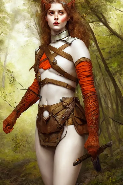 Image similar to full - body portrait of a ranger in a forest, female, white and orange breastplate, magical, high fantasy, d & d, by john collier, face details, extremely detailed, digital illustration