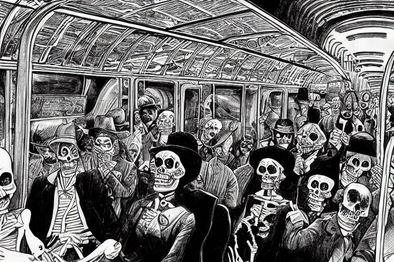 Image similar to scene from interior of a subway car, lunch, day of all the dead, skeletons, artwork by jean giraud