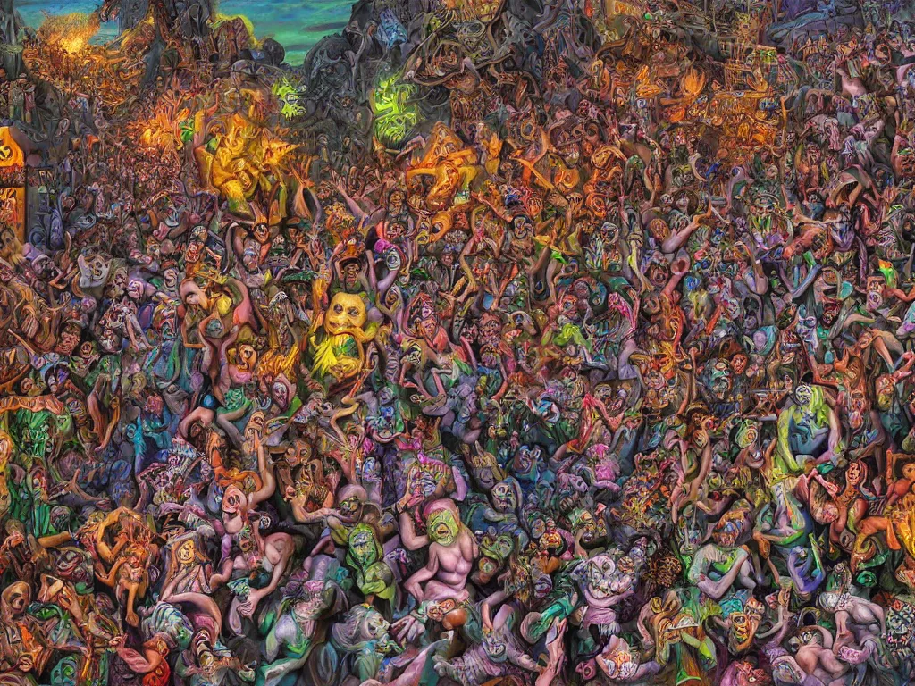 Prompt: digital painting rave party in hell by Chor Boogie, intricate details, ultra detailed, 4K, award-winning, touch of M. C. Escher and Salvador Dali