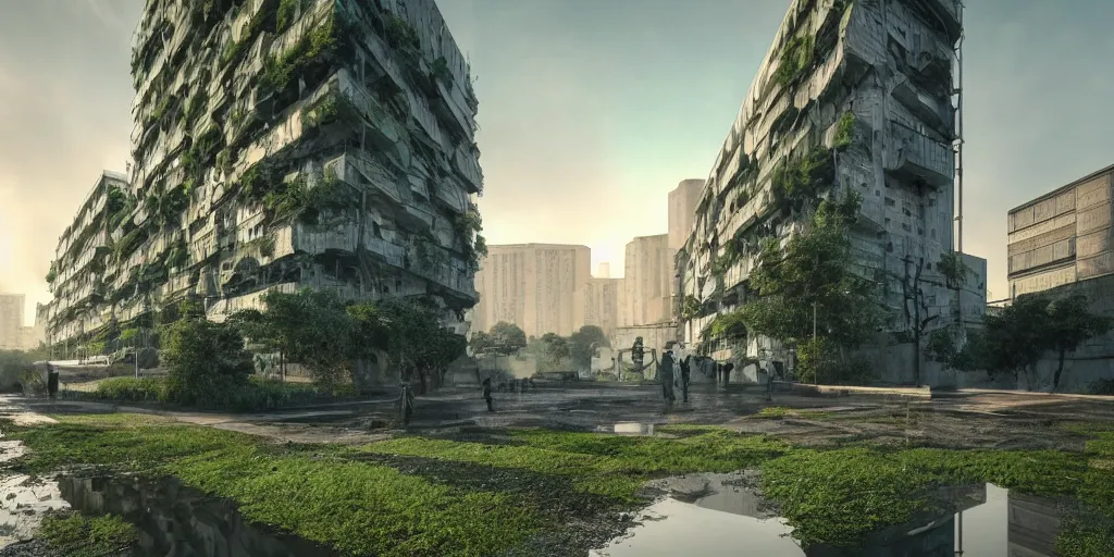 Image similar to soviet brutalims huge green concrete orbs in city view by argerm and eddie mendoza, green glow, puddles of water, sunset, trees, dark, moody, volumetric lighting, dirty