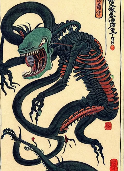 Prompt: the xenomorph as a yokai illustrated by kawanabe kyosai and toriyama sekien