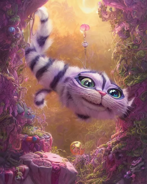 Prompt: an adorable cheshire cat in wonderland | highly detailed | very intricate | symmetrical | fantasy and whimsical and magical | soft cinematic lighting | disney pixar | award - winning | painted by donato giancola and paul lehr and ross tran | pastel color palette | featured on artstation