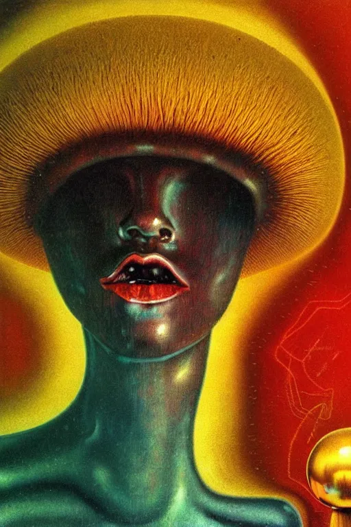 Image similar to 8 0 s art deco close up portait of mushroom head with big mouth surrounded by spheres, rain like a dream oil painting curvalinear clothing cinematic dramatic cyberpunk fluid lines otherworldly vaporwave interesting details epic composition by basquiat artgerm rutkowski moebius francis bacon gustav klimt