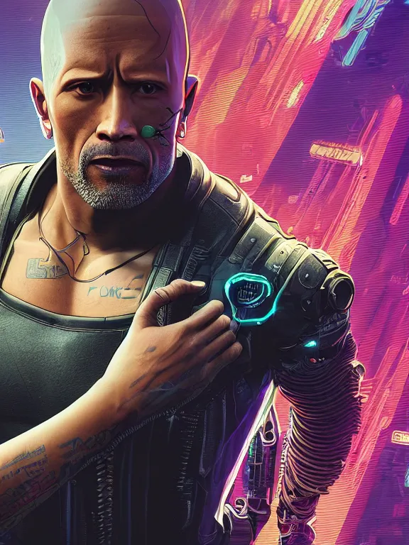 Prompt: a cyberpunk 2077 illustration half body portrait of Dwayne Johnson and a female android with complex mess of cables and wires behind them connected to giant computer, love,film lighting, by laurie greasley,Lawrence Alma-Tadema,William Morris,Dan Mumford, trending on atrstation, full of color, mythological, high detailed,golden ratio,cinematic lighting