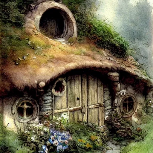 Image similar to hobbit house. muted colors. by Jean-Baptiste Monge style of Jean-Baptiste Monge painted by Jean-Baptiste Monge in art book of Jean-Baptiste Monge, art by Jean-Baptiste Monge, drawings by Jean-Baptiste Monge, paintings by Jean-Baptiste Monge