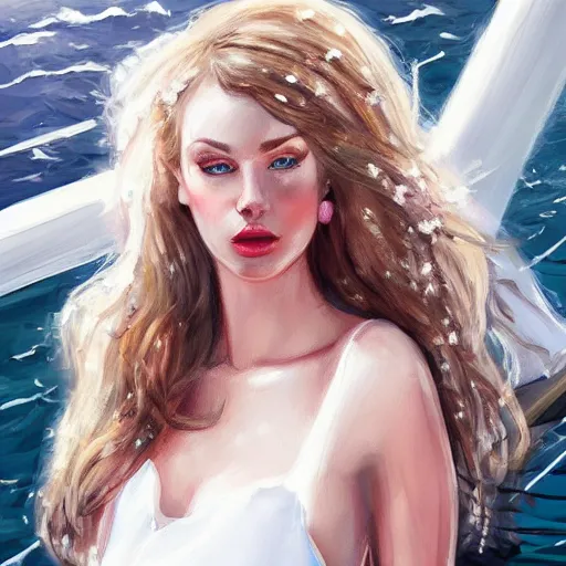 Prompt: beautiful russian models on a yacht wearing a white dress, detailed face with pink lips, blue eyes and large forehead, moody lighting, peaceful atmosphere, digital art, highly detailed, high contrast, beautiful lighting, award winning, trending on art station, 8 k,