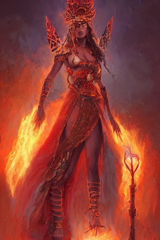 Image similar to beautiful ageless goddess of fire wearing an elaborate costume and headdress, grimdark fantasy, detailed matte painting by Brom and Alena Aenami and Peter Mohrbacher, bokeh, Artstation