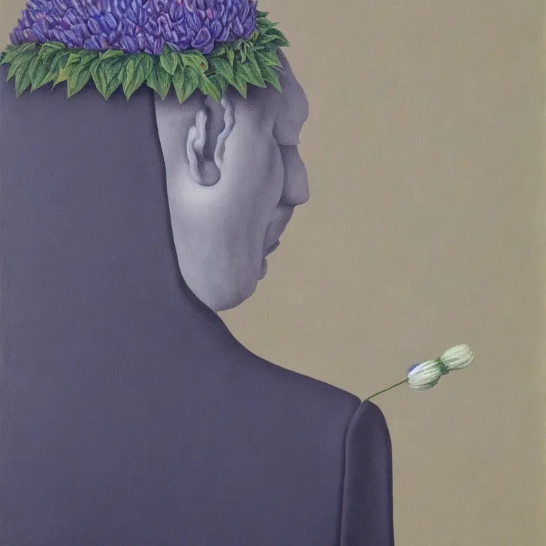 Image similar to portrait of a faceless flower - head man by rene magritte, detailed painting, distance, centered, hd, hq, high resolution, high detail, 4 k, 8 k