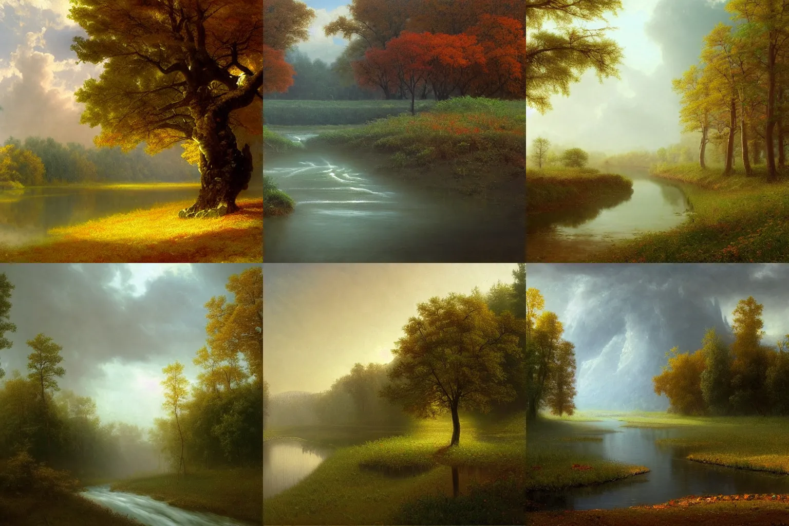 Image similar to A beautiful painting of the wind blowing leaves off a tree in the middle of an empty serene landscape with a river flowing in the distance, cloudy, rainy, ultra realistic, by Albert Bierstadt and Gediminas Pranckevicius