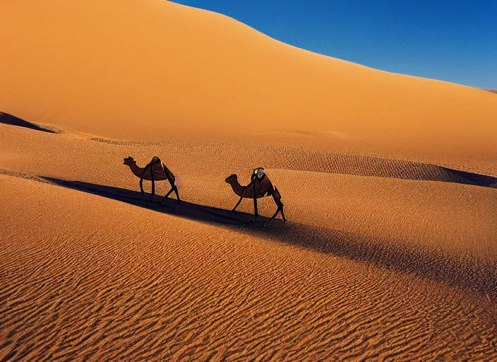 Prompt: a 2 8 mm macro tilt shift view of a camel caravan crossing sand dunes in the desert with the afternoon sun, photography, film, film grain, canon 5 0 mm, cinematic lighting, golden hour, sandstorm,