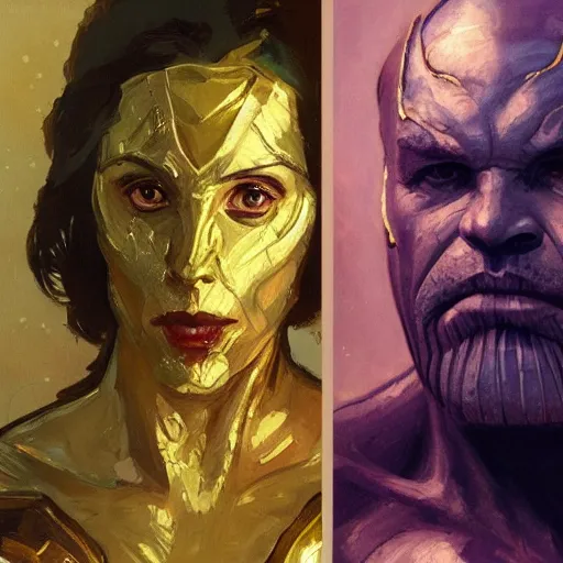 Prompt: alison brie as thanos, intricate, elegant, highly detailed, greg manchess, mucha, liepke, ruan jia, jeffrey catherine jones, ridley scott