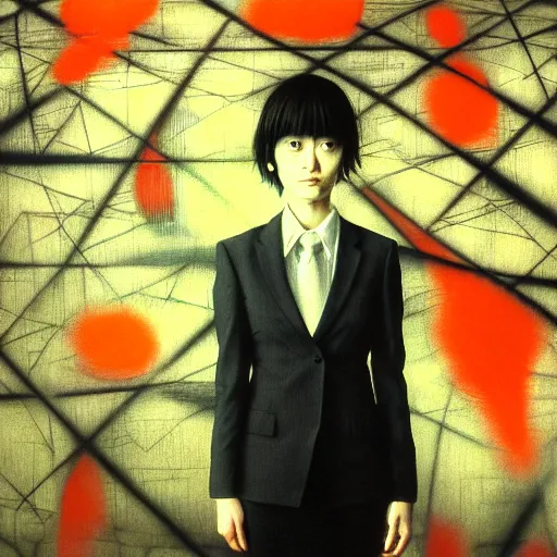 Image similar to yoshitaka amano blurred and dreamy realistic three quarter angle portrait of a young woman with short hair and black eyes wearing office suit with tie, junji ito abstract patterns in the background, satoshi kon anime, noisy film grain effect, highly detailed, renaissance oil painting, weird portrait angle, blurred lost edges