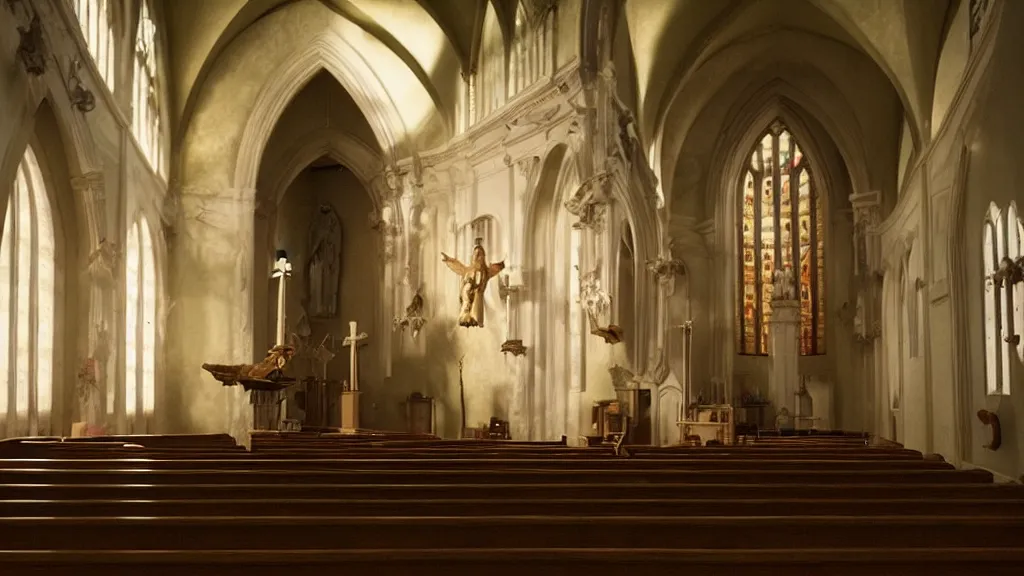 Prompt: the strange creature in church, made of wax and water, film still from the movie directed by Denis Villeneuve with art direction by Salvador Dalí, middle balanced, wide lens