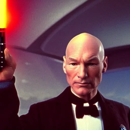 Prompt: Captain Picard wearing a still suit from David Lynch's Dune and wielding a red light saber