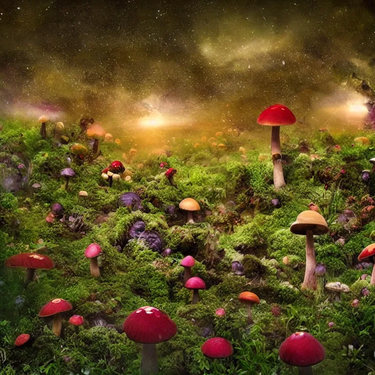 Prompt: a planet of various fungus, mushrooms, flowers and plants, inside the picture is infinity, Atmospheric, artistic photography, conceptual, long exposure outside the city, volumetric light