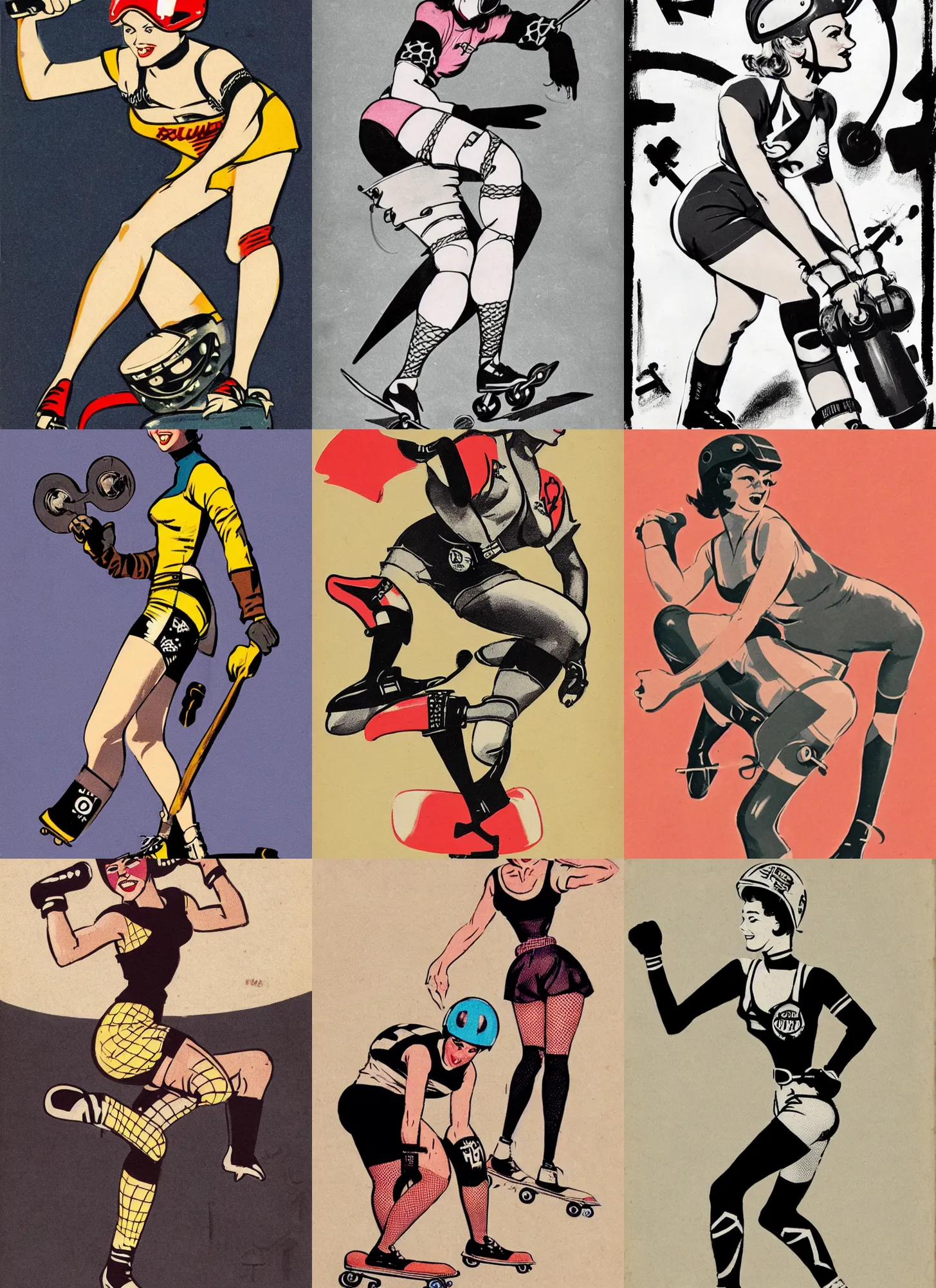 Image similar to 1950s logo of a roller derby girl doing Cross-Over, wearing skate helmet, knee pads, elbow pads, fishnet tights, showing off biceps, illustration by greg rutkowski and mcbess, 1950s