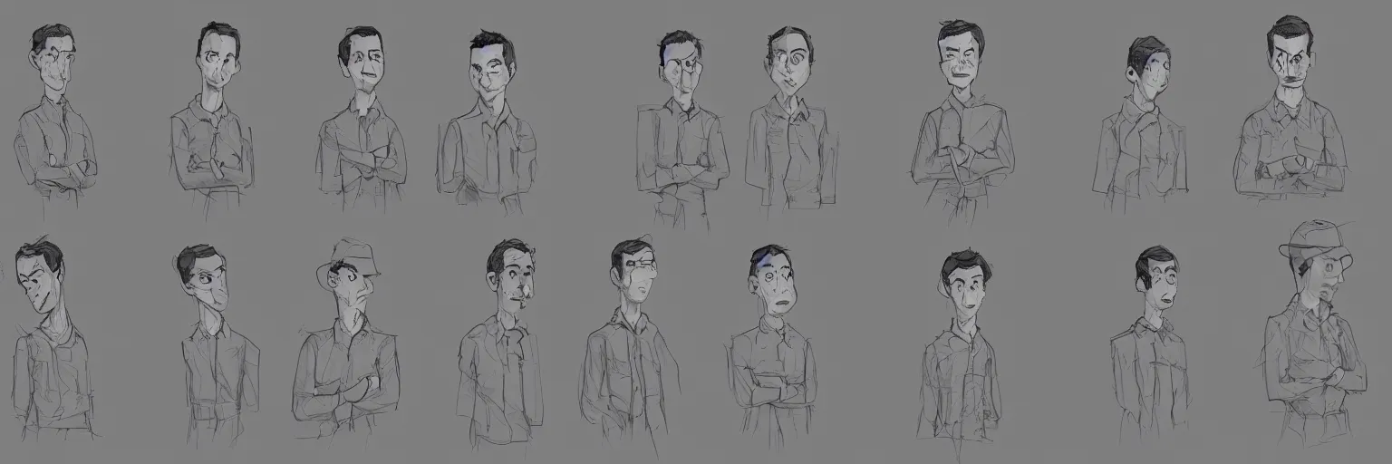 Image similar to character study of julian lage and jim parsons, clear faces, innocent, naive, character sheet, fine details, concept design, contrast, kim jung gi, pixar and da vinci, trending on artstation, 8 k, full body and head, turnaround, front view, back view, ultra wide angle