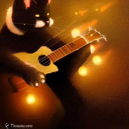 Prompt: a cat playing guitar in a show with many lights by greg rutkowski and thomas kinkade, trending on artstation, 3 d art station