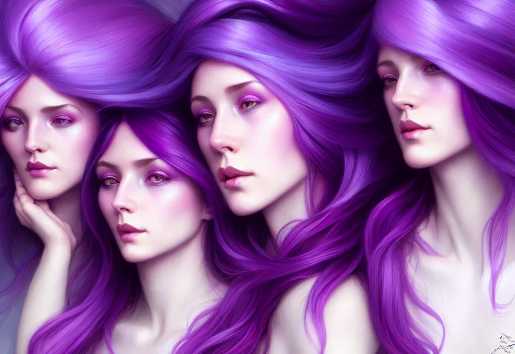 Image similar to Purple hair relistic Portrait of a two woman with bright colored flying hair, all shades of purple. Beauty face, Hair coloring, fantasy, intricate, elegant, highly detailed, digital painting, artstation, concept art, smooth, sharp focus, illustration, art by artgerm and greg rutkowski and alphonse mucha