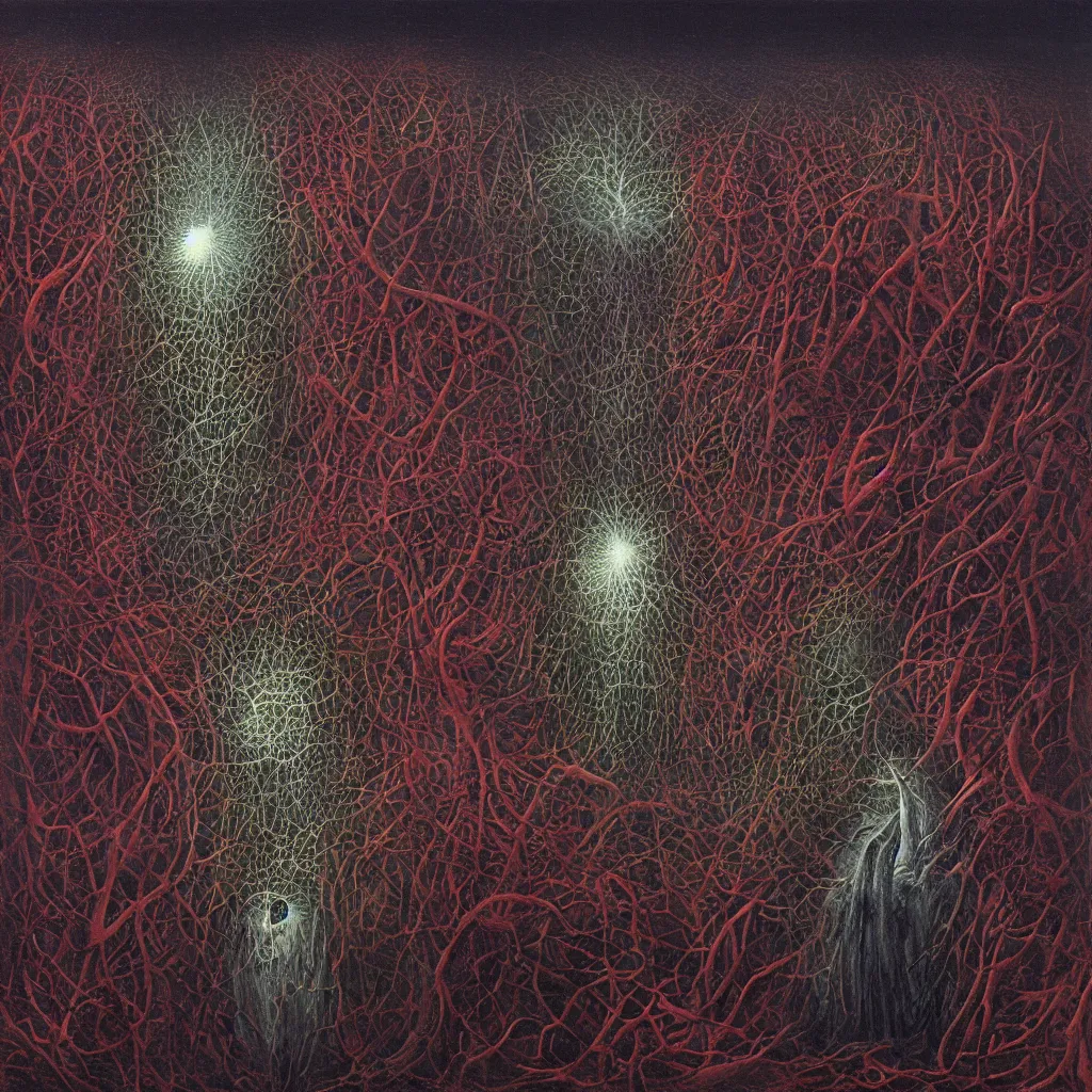 Image similar to the cosmic fractal core that underlies the universe illuminated by the screaming souls of the dead, by Gerald Brom and Zdzisław Beksiński