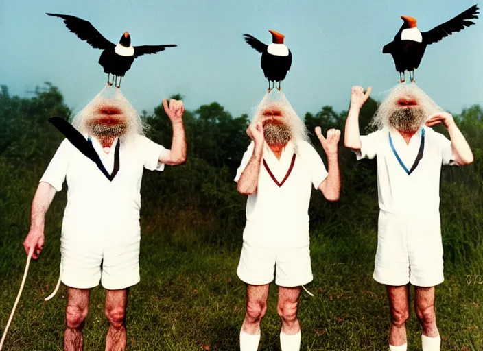 Prompt: realistic photo portrait of a three old hairy scientists wearing white shorts, cone heads, holding crows on their faces covered 1 9 9 0, life magazine reportage photo, natural colors