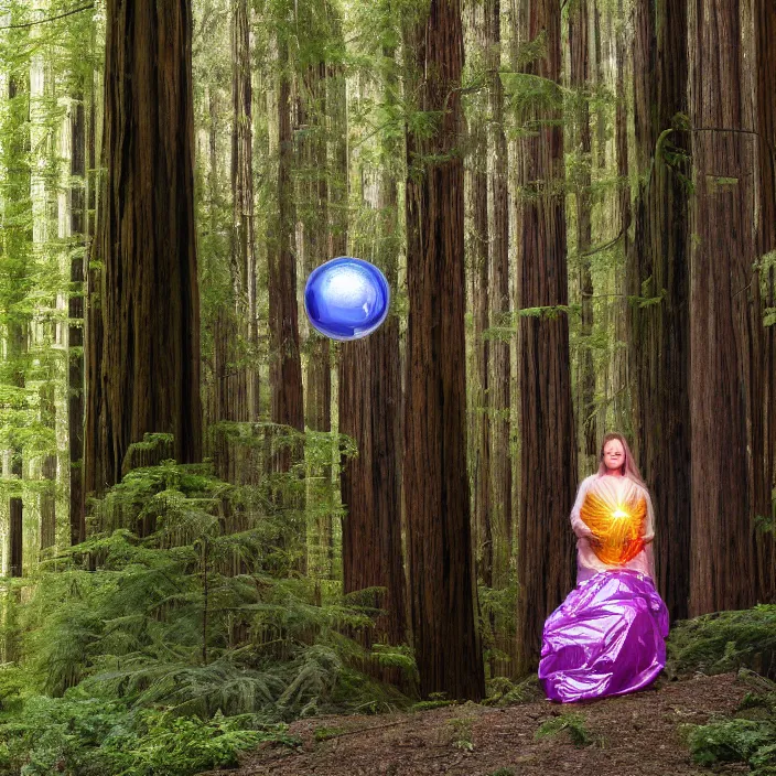 Prompt: a color photograph, closeup portrait of a woman wrapped in plastic, standing next to a bismuth orb, in a redwood forest, color photograph, by vincent desiderio, canon eos c 3 0 0, ƒ 1. 8, 3 5 mm, 8 k, medium - format print