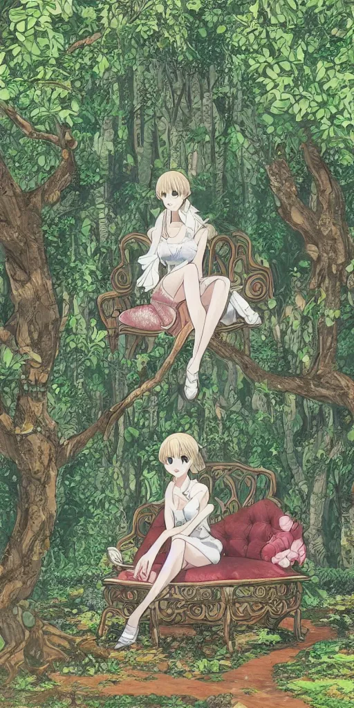 Prompt: a single queen sitting by herself on a sofa in a forest, drawn by CloverWorks, intricate detail, elegant, beauty
