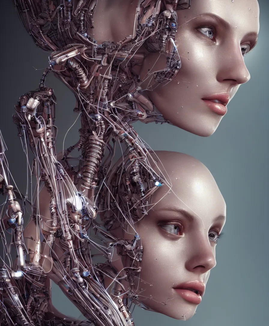 Prompt: a beautiful close up portrait of a symmetric woman face, with epic bionic cyborg implants, wires, tubes, biomechanical details, liquid, prismatic highlights, depth of field, cinematic, concept art, 5 0 mm, artstation, elegant, focus, octane render, vray, by h. r. giger