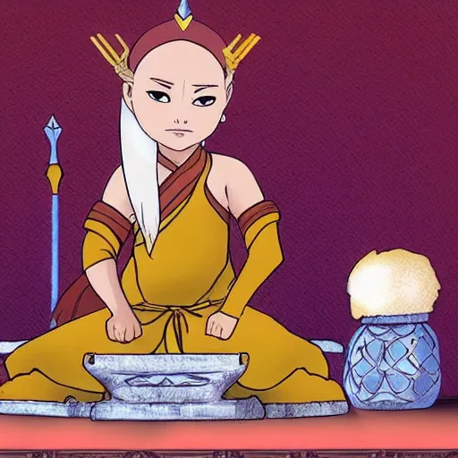 Image similar to ! dream a warrior princess sitting in her court, in the style of the last airbender