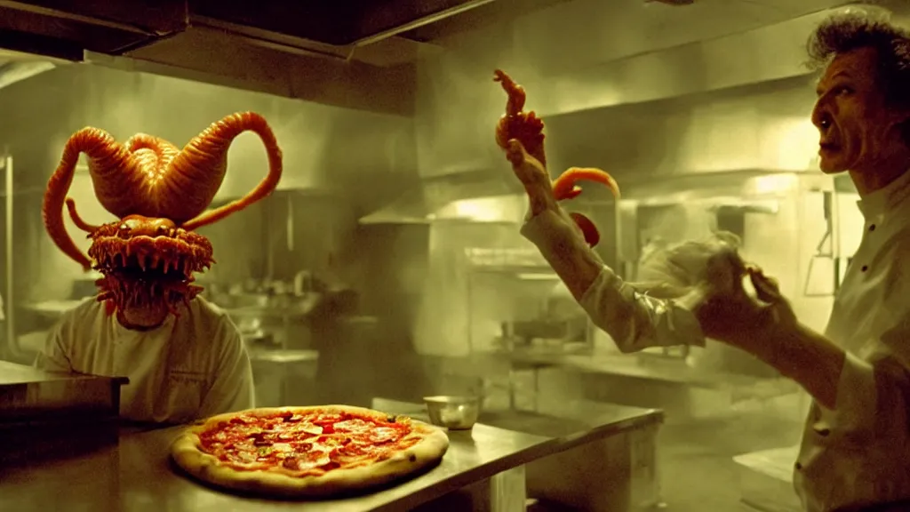 Image similar to the strange pizza creature in the restaurant kitchen, film still from the movie directed by denis villeneuve and david cronenberg with art direction by salvador dali and zdzisław beksinski,