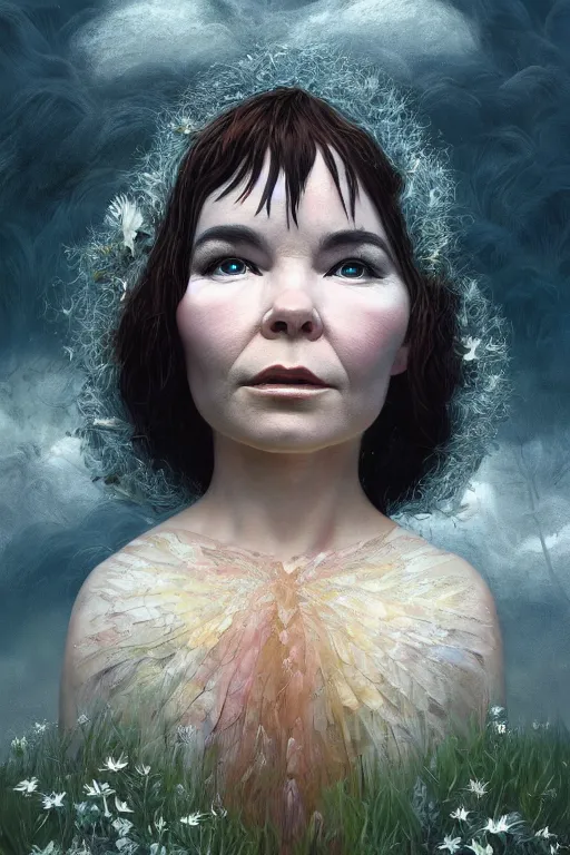 Prompt: beautiful bjork portrait in iceland by hubert robert and lee madgwick and roger dean and jacek yerka, dan mumford and alex grey style, soft lighting, 4 k hd wallpaper illustration concept joy atmospheric lighting