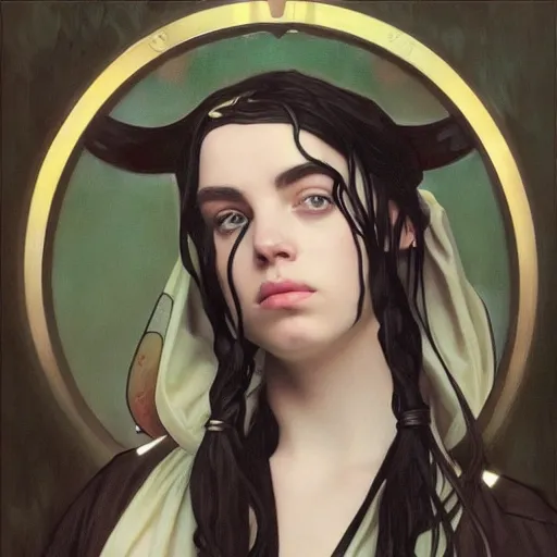 Prompt: Billie Eilish as female loki, oil on canvas, noir, trending on artstation, by Alphonse Mucha and Edmund Blair Leighton and Charlie