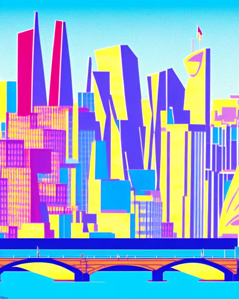 Image similar to clear sunny day, onlooking the beautiful city of london, bright colors, in the style of hiroshi nagai, very detailed