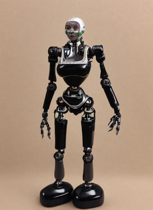 Prompt: 80mm resin detailed miniature of a female bot, Robot, human torso, robot arm, robot leg, beautiful bone structure, symmetrical facial features, Product Introduction Photos, 4K, Full body