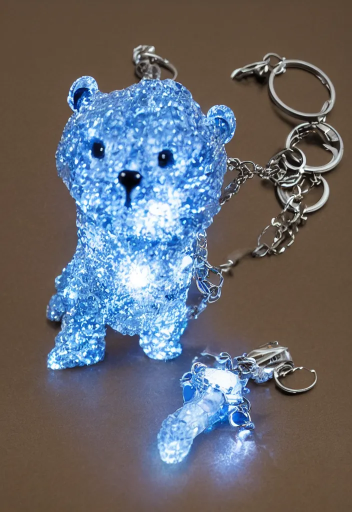 Image similar to a small blue crystal bear keychain by greg rutkowski, sung choi, mitchell mohrhauser, maciej kuciara, johnson ting, maxim verehin, peter konig, 8 k photorealistic, cinematic lighting, hd, high details, dramatic, atmosphereric, trending on artstation