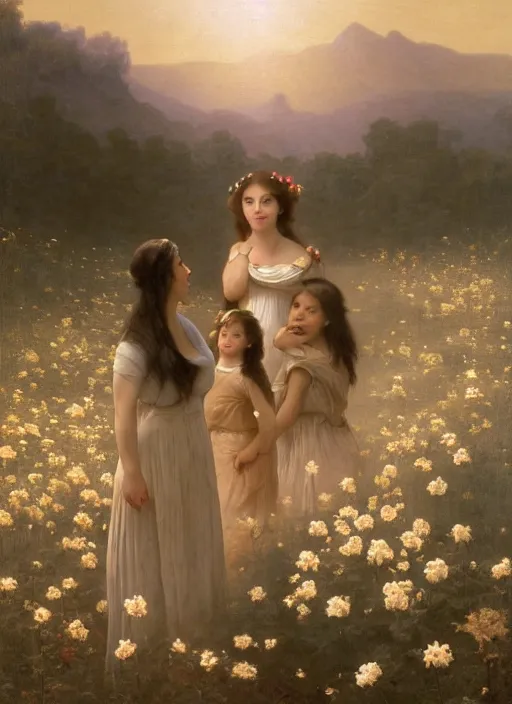 Image similar to oil painting portrait of a family one with long flowing hair in a white dress, dancing through a field of flowers at sunset with mountains in the background, hazy, chiaroscuro, artstation, cinematic, golden hour, digital art painting by diego velasquez, - adolphe bouguereau, hazy atmosphere, flowers, cinematic lighting