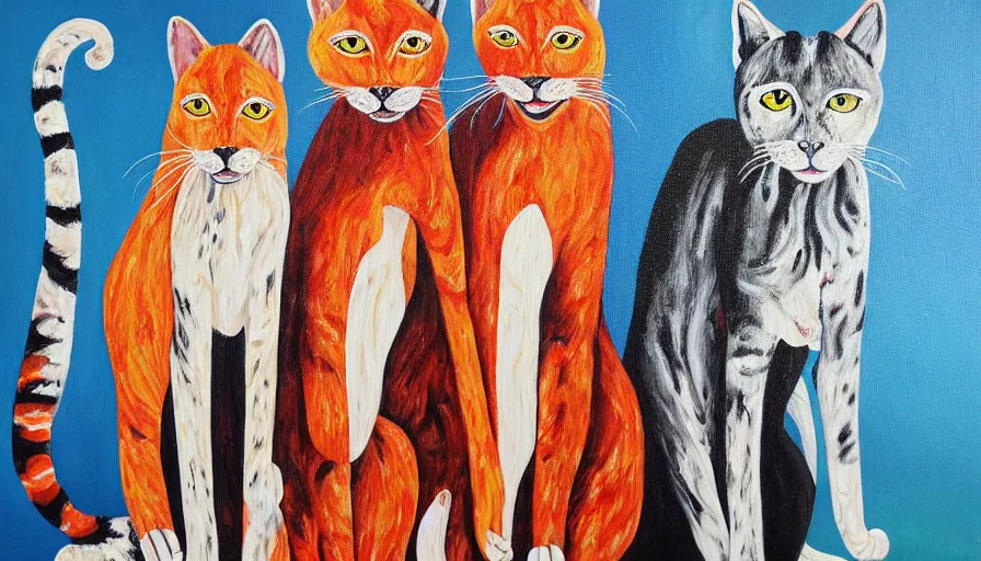 Image similar to messy acrylic painting of really tall cats by daniel patrick kessler, kessler art