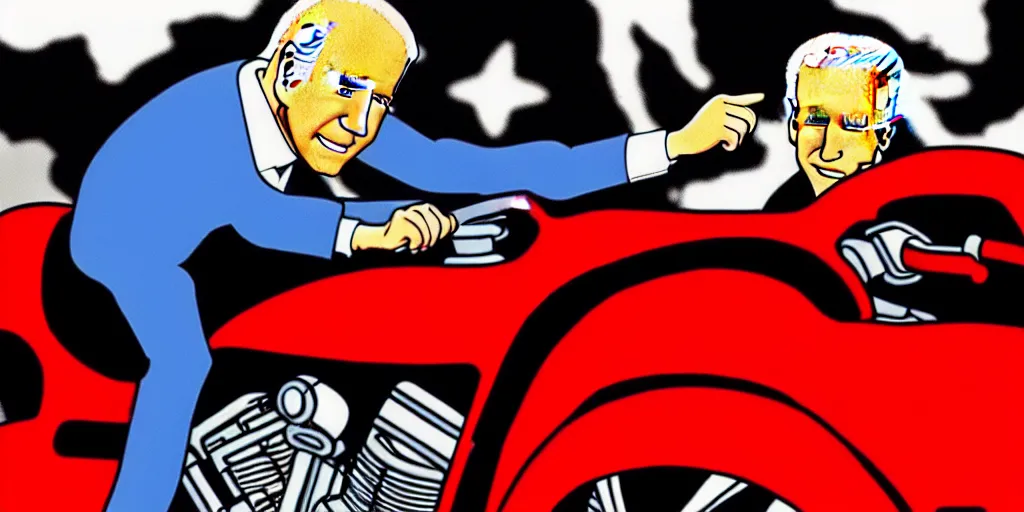 Image similar to 1 : 1 joe biden riding red akira motorcycle, in the style of akira