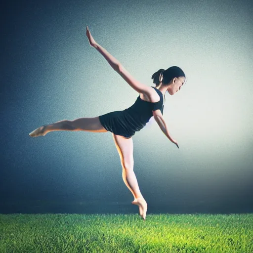 Image similar to an origami girl doing acrobatic contemporary dance, dramatic lighting, with bokeh effect in a sunny meadow