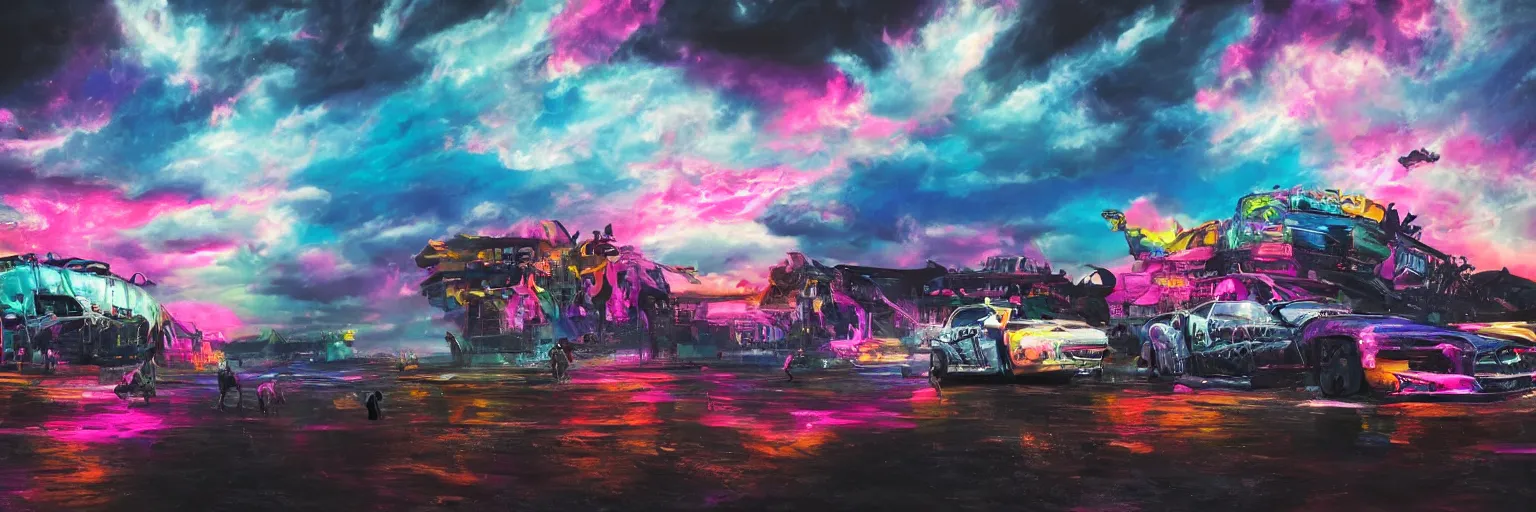 Image similar to oil painting, ultra detailed, the middle view dog, run, spase dogs and punks running with neon mohawks, space, dark, stars, pink, pirate neon ship with punks on board, neon, rich deep colors masterpiece, contrast, clouds, sky, volumetric light, atmospheric lighting, dramatic, cinematic, moody, octane render 4 k, 8 k