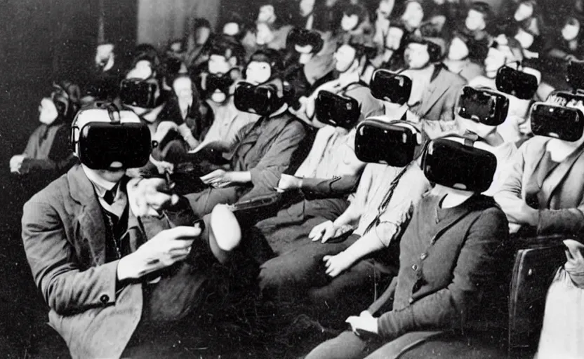 Image similar to 1 9 0 0 s photo of people using iphones ipods virtual reality headsets vr in a movie theater masterpiece