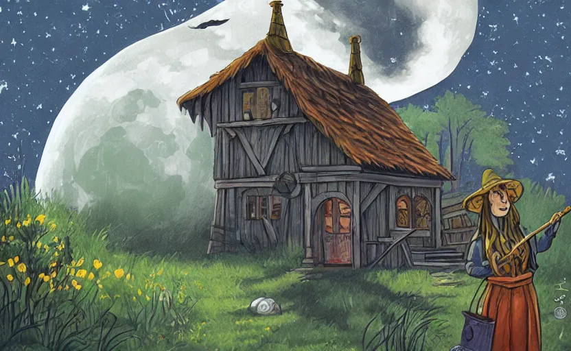 Prompt: a witch's shop against a giant moon, storybook, gouache, flat, concept art, lush