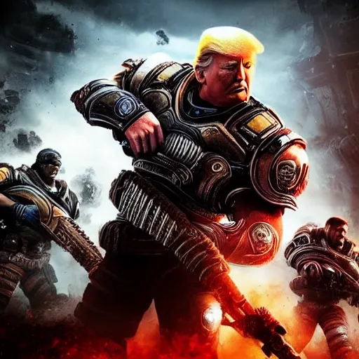 Image similar to Photo portrait of Donald Trump as Spartan in Gears of War, splash art, movie still, detailed face, photorealistic facial features, cinematic lighting, dramatic, octane render, long lens, shallow depth of field, bokeh, anamorphic lens flare, 8k, hyper detailed, 35mm film grain