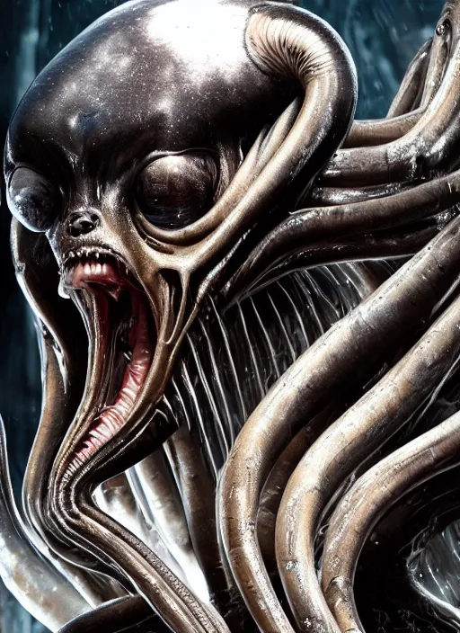 Image similar to film still of kim kardashian being licked by an xenomorph slathered in a transparent alien liquid, wet flowing hair, gooey skin, illustration, unreal engine 5, 8 k, directed by h. r. giger.