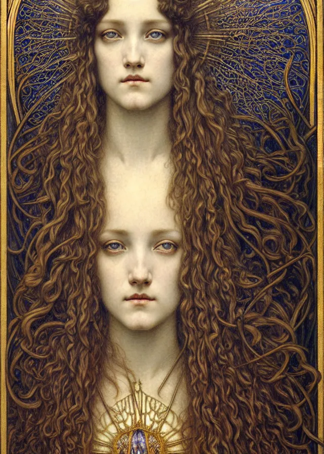 Image similar to detailed realistic beautiful young medieval queen face portrait by jean delville, gustave dore and marco mazzoni, art nouveau, symbolist, visionary, gothic, pre - raphaelite. horizontal symmetry