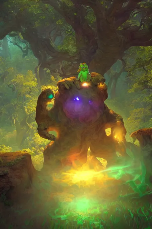 Image similar to arcane fantasy art giant golem elemental wood rock bastion forged gemstone enchanted forest troll, global illumination ray tracing hdr fanart arstation by sung choi and eric pfeiffer and gabriel garza and casper konefal lisa frank zbrush central hardmesh radiating a glowing aura